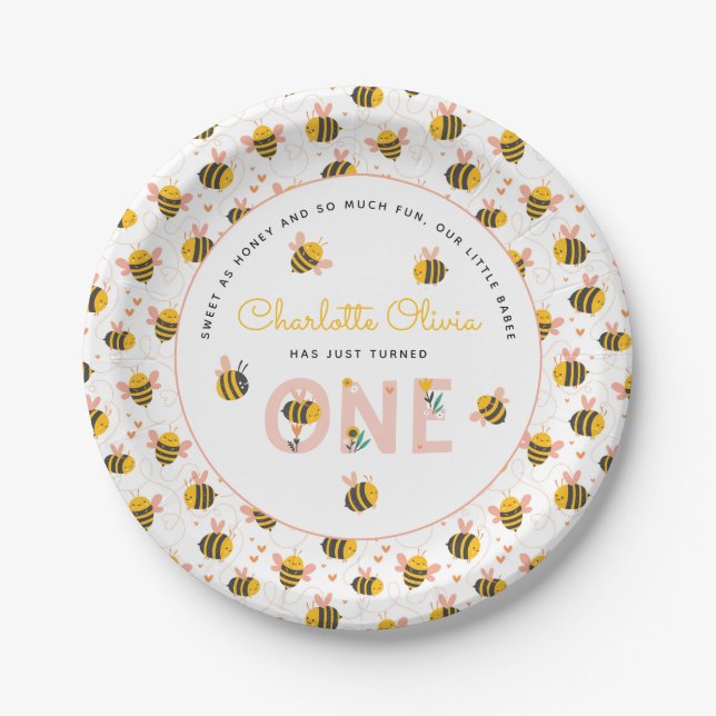 Plato De Papel Primer cumpleaños de Bee Yellow & Pink Floral ONE  (Anverso)