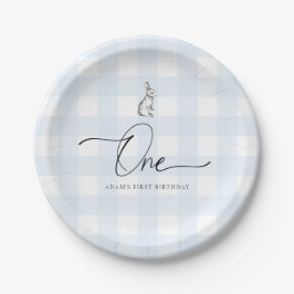 Plato De Papel Primer cumpleaños de Blue Gingham Bunny Rabbit