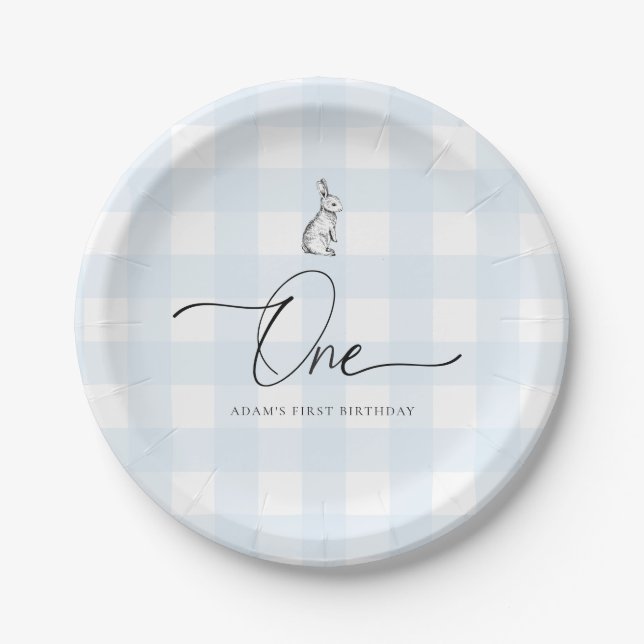 Plato De Papel Primer cumpleaños de Blue Gingham Bunny Rabbit (Anverso)
