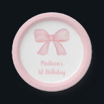Plato De Papel Primer cumpleaños de Bow Rosado<br><div class="desc">Estos adorables platos de papel de cumpleaños tienen un arco acuarela rosa pintado a mano con un borde de acequia.</div>