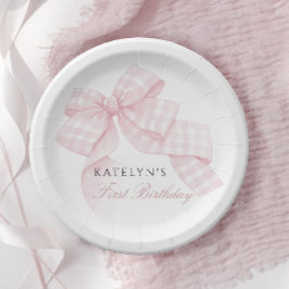 Plato De Papel Primer cumpleaños de Bow Rosado