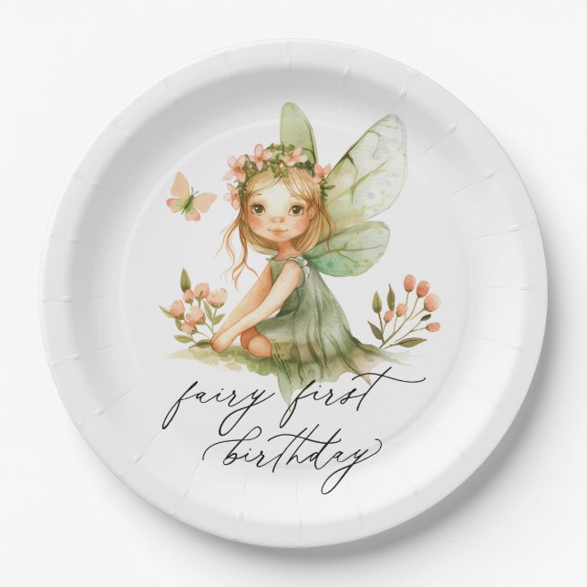 Plato De Papel Primer cumpleaños de Cute Fairy (Anverso)
