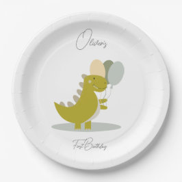 Plato De Papel Primer cumpleaños de Dinosaurio Yellow Green Grey