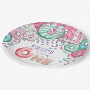 Plato De Papel Primer cumpleaños de donut personalizados rociando