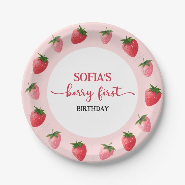 Plato De Papel Primer cumpleaños de fresa Berry (Anverso)