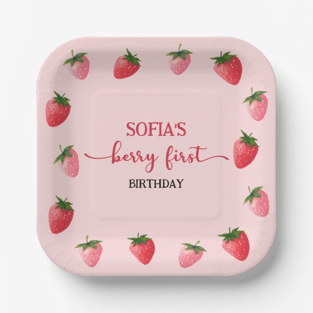 Plato De Papel Primer cumpleaños de fresa Berry (Anverso)