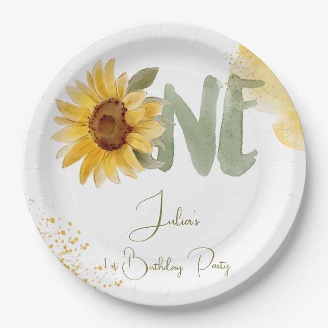 Plato De Papel Primer cumpleaños de girasol acuarela (Anverso)