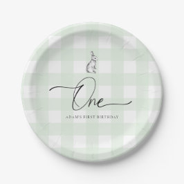 Plato De Papel Primer cumpleaños de Green Gingham Bunny Rabbit