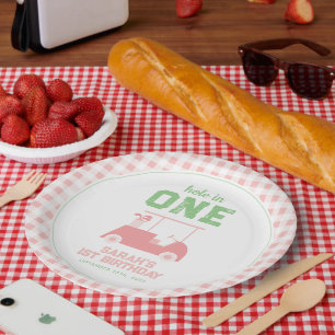 Plato De Papel Primer cumpleaños de Hole in One Pink Check Chica
