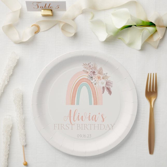 Plato De Papel Primer cumpleaños de la acuarela arcoiris Boho (Boda)