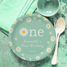 Plato De Papel Primer cumpleaños de la acuarela verde de la flor 