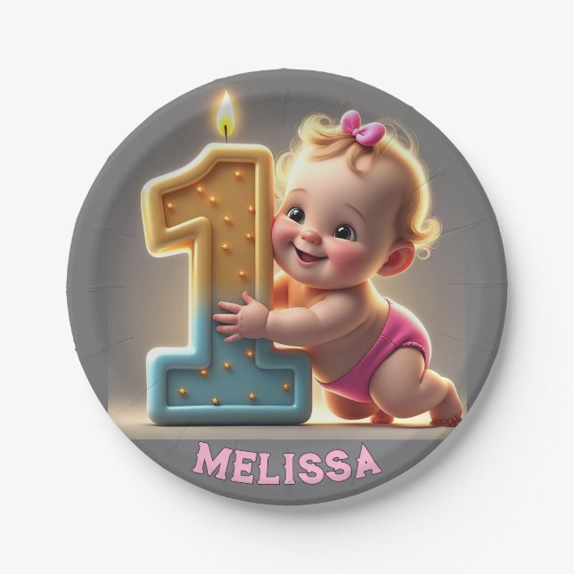 PLATO DE PAPEL "PRIMER CUMPLEAÑOS DE LA NIÑA DE BEBÉ" (Anverso)