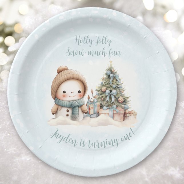 Plato De Papel Primer cumpleaños de los Navidades azules de Snowm (Vintage Snowman Blue Christmas First Birthday Paper Plates)