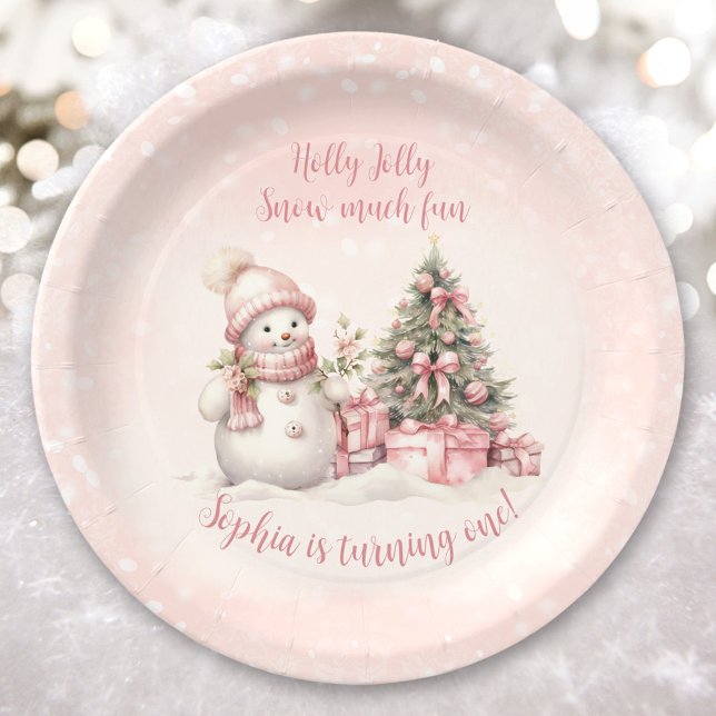 Plato De Papel Primer cumpleaños de los Navidades rosados de Snow (Vintage Snowman Pink Christmas First Birthday Paper Plates)
