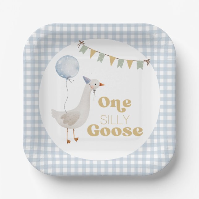 Plato De Papel Primer cumpleaños de One Silly Goose (Anverso)