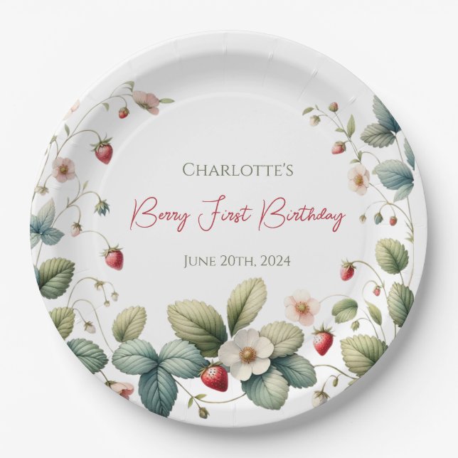 Plato De Papel Primer cumpleaños de personalizado Berry (Anverso)