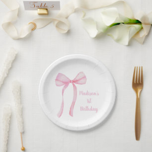 Plato De Papel Primer cumpleaños de Pink Bow Coquette