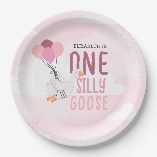Plato De Papel Primer cumpleaños de Pink One Silly Goose (Anverso)