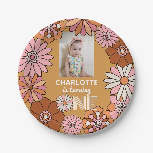 Plato De Papel Primer cumpleaños de Retro Naranja y Rosa Daisy (Anverso)