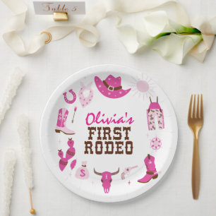 Plato De Papel Primer cumpleaños de Rodeo Pink Western Cowboy