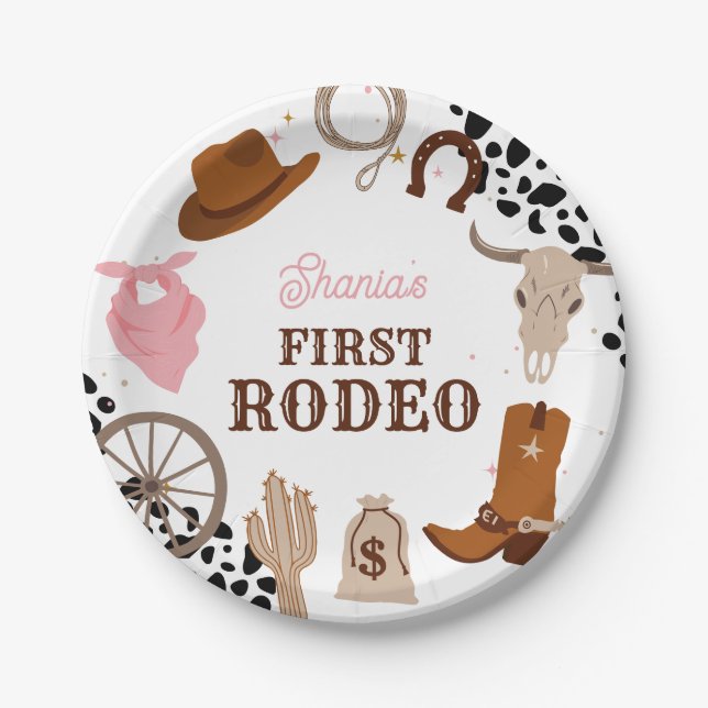 Plato De Papel Primer cumpleaños de Rodeo Wild West Cowgirl (Anverso)
