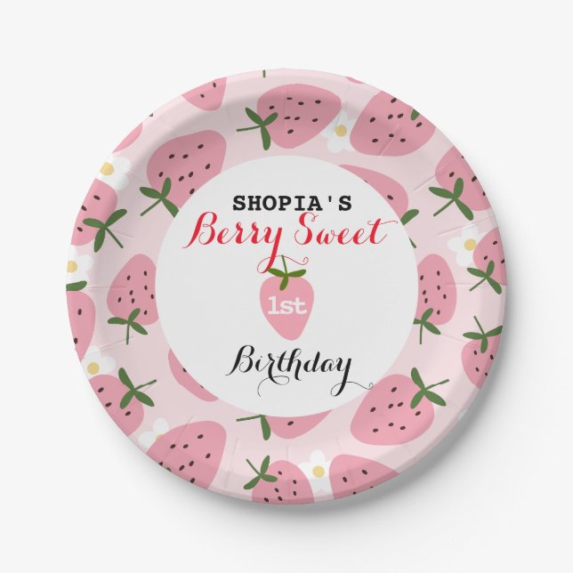 Plato De Papel Primer cumpleaños de Strawberry Delight (Anverso)