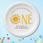 Plato De Papel Primer cumpleaños de Sunshine<br><div class="desc">¿Estás planeando una fiesta de primer cumpleaños? Estos adorables platos de papel para fiestas de primer cumpleaños son decorados con un sol de color amarillo acuático. Son fácilmente personalizables. Acuarela original © Michele Davies.</div>