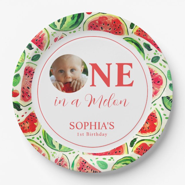 Plato De Papel Primer Cumpleaños De Una Foto De Melón (Anverso)