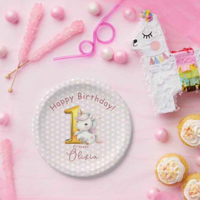 Plato De Papel Primer cumpleaños de Unicornio con puntos de polka (Fiesta)
