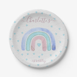 Plato De Papel Primer cumpleaños del arco iris azul púrpura
