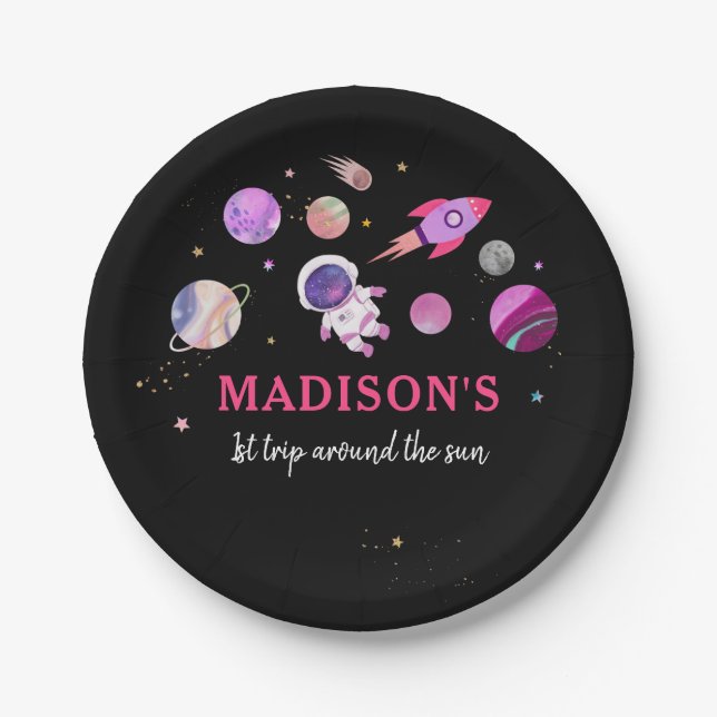 Plato De Papel Primer cumpleaños del astronauta Chica rosa en el  (Anverso)