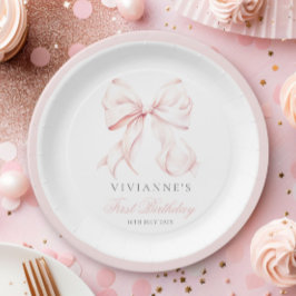 Plato De Papel Primer cumpleaños del Chica de Bow Rosado