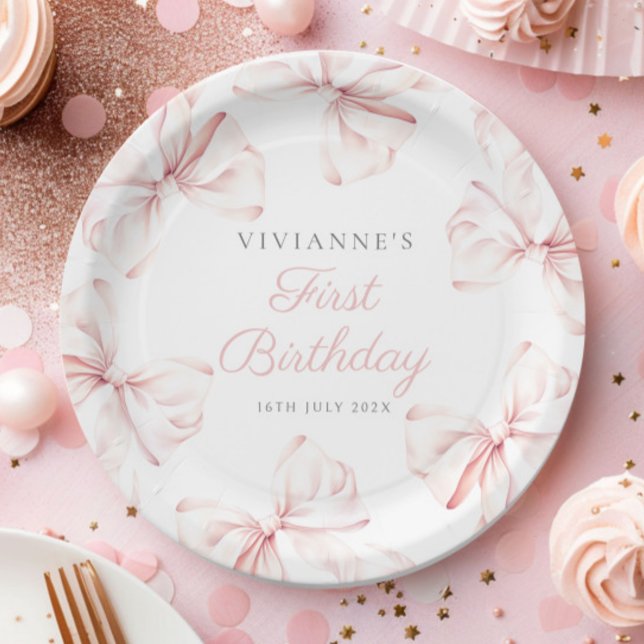 Plato De Papel Primer cumpleaños del Chica de Bow Rosado (Subido por el creador)