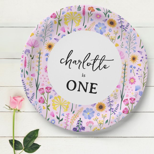 Plato De Papel Primer cumpleaños del Chica de Flor Silvestre Prim (Pink Spring Wildflower Girl's First Birthday Paper Plates)