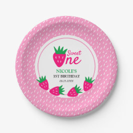 Plato De Papel Primer cumpleaños del Chica de fresas rosadas