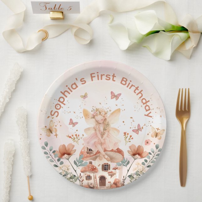 Plato De Papel Primer cumpleaños del Chica de hongos forestales e (Boda)