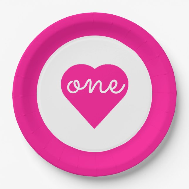 Plato De Papel Primer cumpleaños del corazón (Anverso)