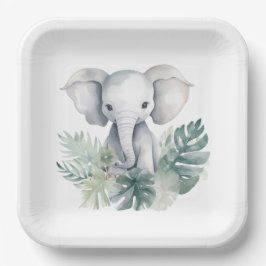 Plato De Papel Primer cumpleaños del Neutral Cute Elephant