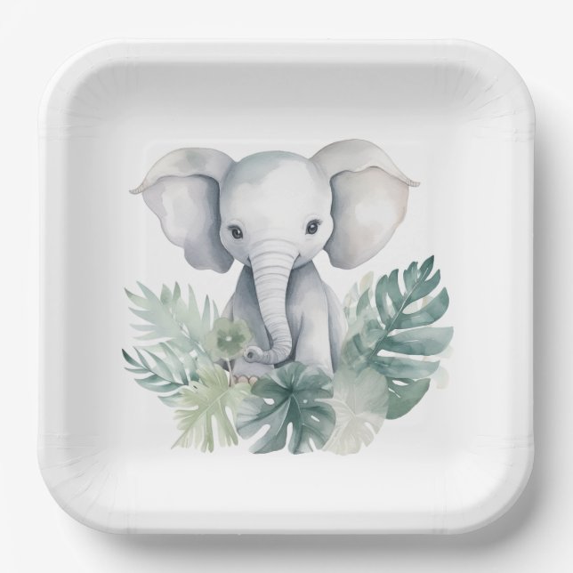 Plato De Papel Primer cumpleaños del Neutral Cute Elephant (Anverso)