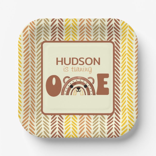 Plato De Papel Primer cumpleaños del Woodland Bear Boho Rainbow (Anverso)