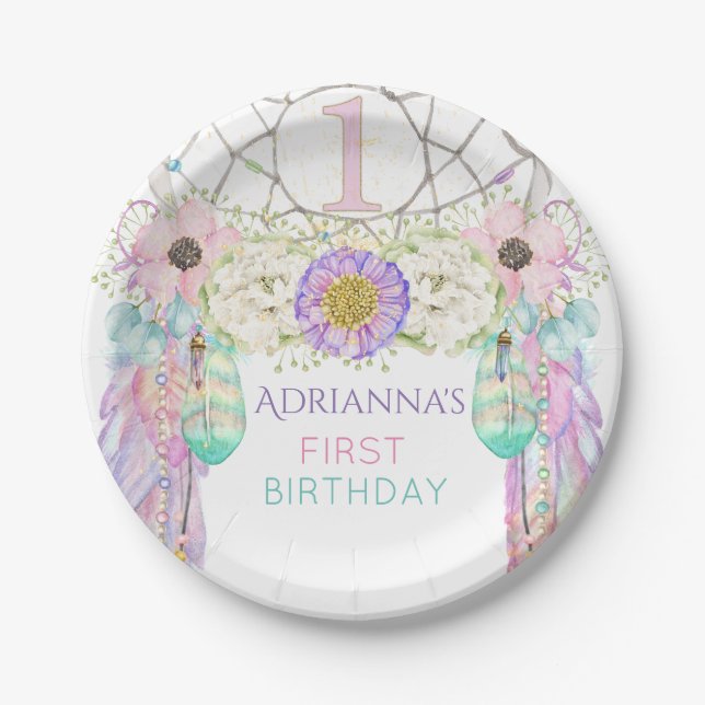 Plato De Papel Primer cumpleaños Dream Catcher Boho Feathers (Anverso)