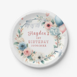 Plato De Papel Primer cumpleaños - Flores de color de agua y glob