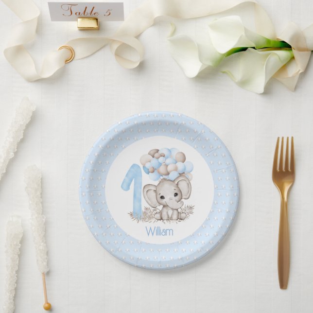 Plato De Papel Primer cumpleaños niño Elefante Placas de Papel Az (Boda)