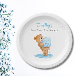 Plato De Papel Primer cumpleaños niño Teddy Bear Crema de hielo