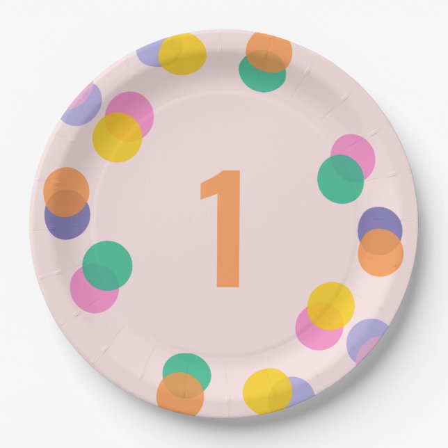 Plato De Papel Primer cumpleaños Pastel Pink Confetti (Anverso)
