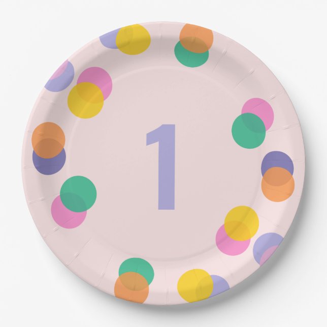 Plato De Papel Primer cumpleaños Pastel Pink Confetti (Anverso)