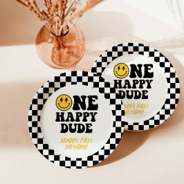 Plato De Papel Primer cumpleaños sonrisa de Checkered One Happy D
