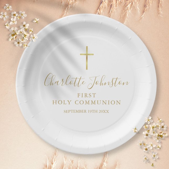 Plato De Papel Primer guión de la firma dorada de la comunión (First Holy Communion Golden Signature Script Paper Plates)