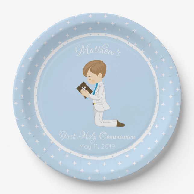 Plato De Papel Primer muchacho personalizado del Brunette de la (Anverso)