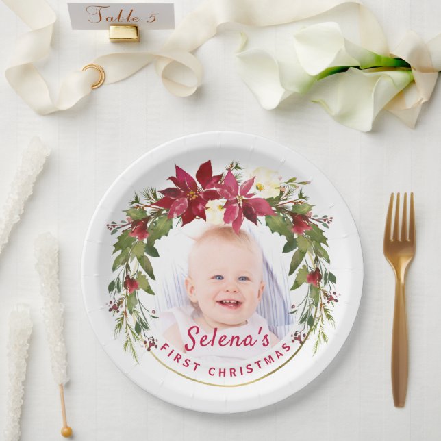 Plato De Papel Primer Navidad del bebé Holly Wreath Photo Keepsak (Boda)